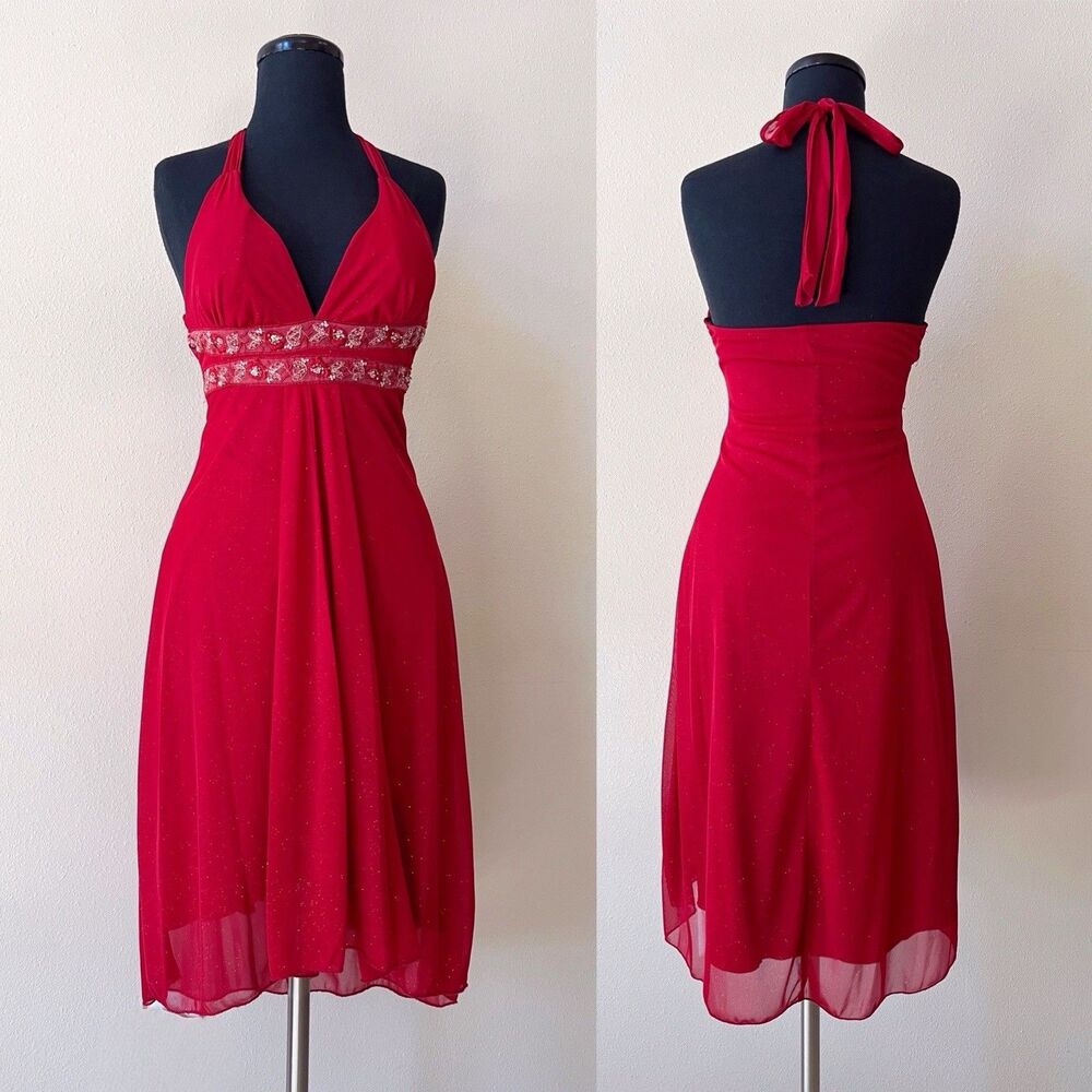Ruby Rox Red Glitter Mesh Lace Halter Empire Waist Beaded Y2K Dress XS Prom USA